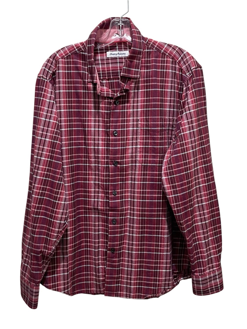 Tommy Bahama Plaid Silk Blend Button Down Shirt Burgundy Men’s Size Large